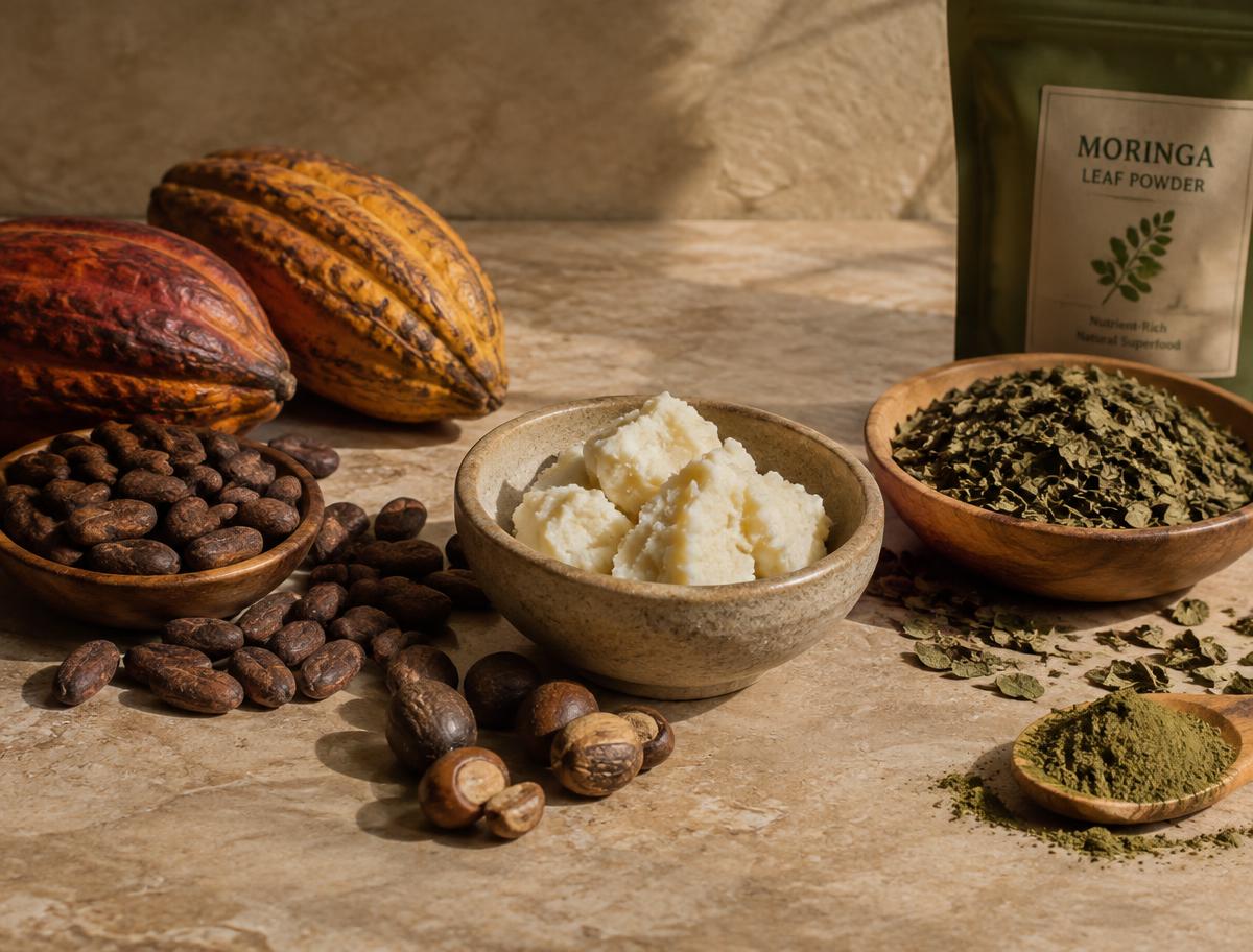 Cocoa pods, shea butter and moringa leaves on warm stone