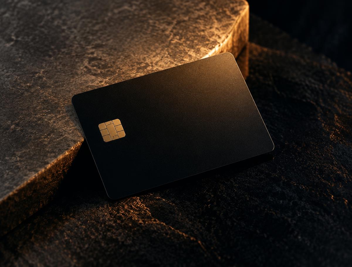 A matte black payment card on stone, lit with warm light