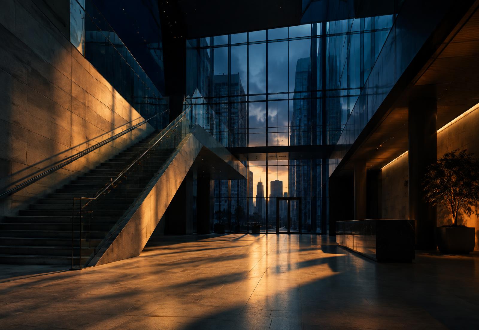 Dusk light across the atrium of a modern financial district office